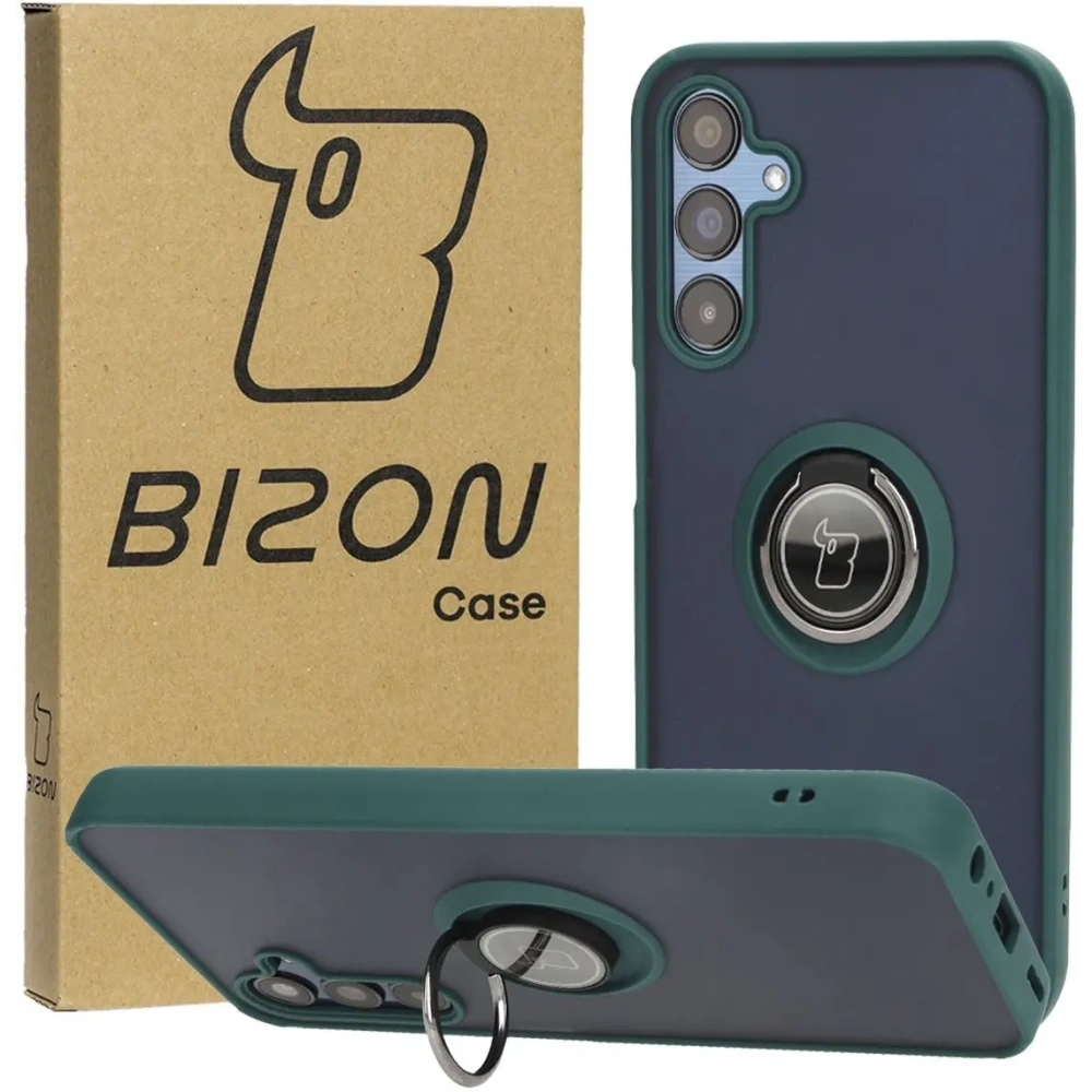 Etui z uchwytem na palec Bizon Case Hybrid Ring do Samsung Galaxy M15 5G przydymione z ciemnozieloną ramką
