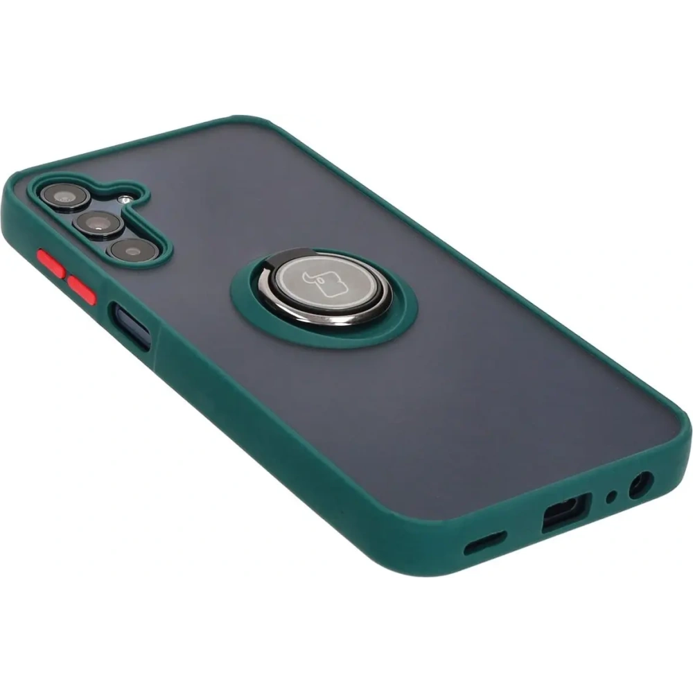Etui z uchwytem na palec Bizon Case Hybrid Ring do Samsung Galaxy M15 5G przydymione z ciemnozieloną ramką