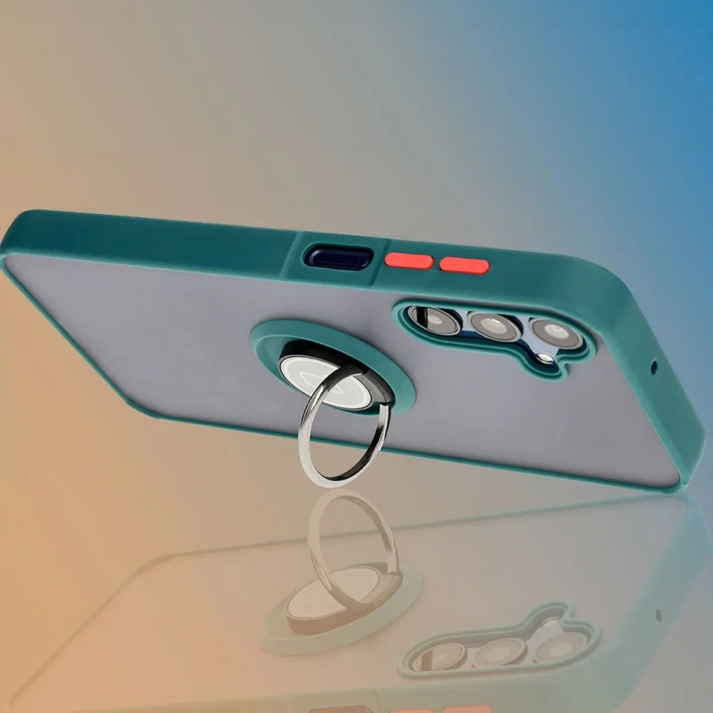 Etui z uchwytem na palec Bizon Case Hybrid Ring do Samsung Galaxy M15 5G przydymione z ciemnozieloną ramką