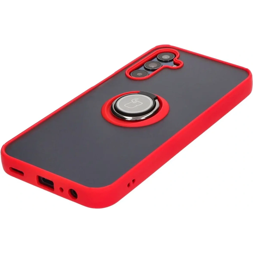 Etui z uchwytem na palec Bizon Case Hybrid Ring do Samsung Galaxy M15 5G przydymione z czerwoną ramką