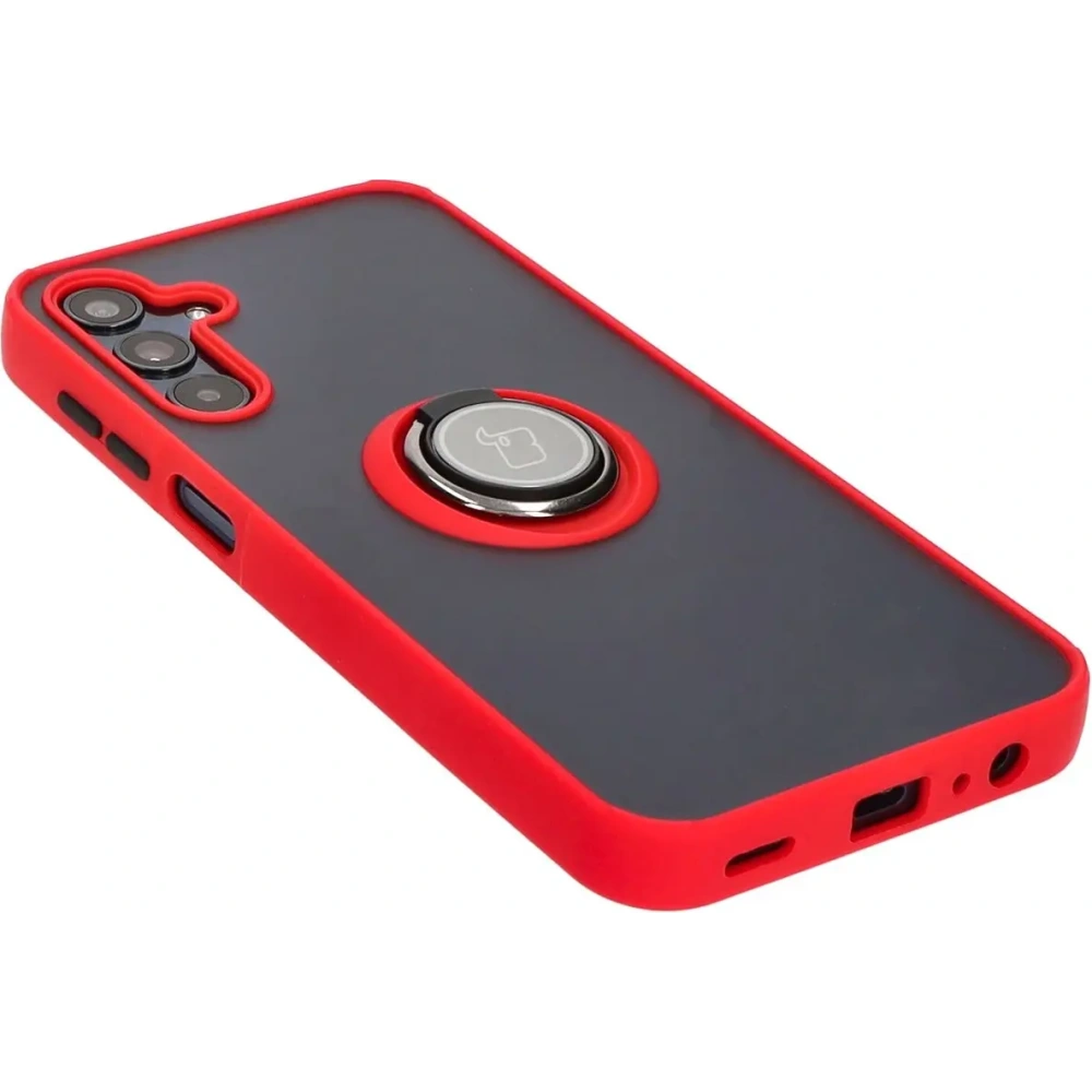 Etui z uchwytem na palec Bizon Case Hybrid Ring do Samsung Galaxy M15 5G przydymione z czerwoną ramką