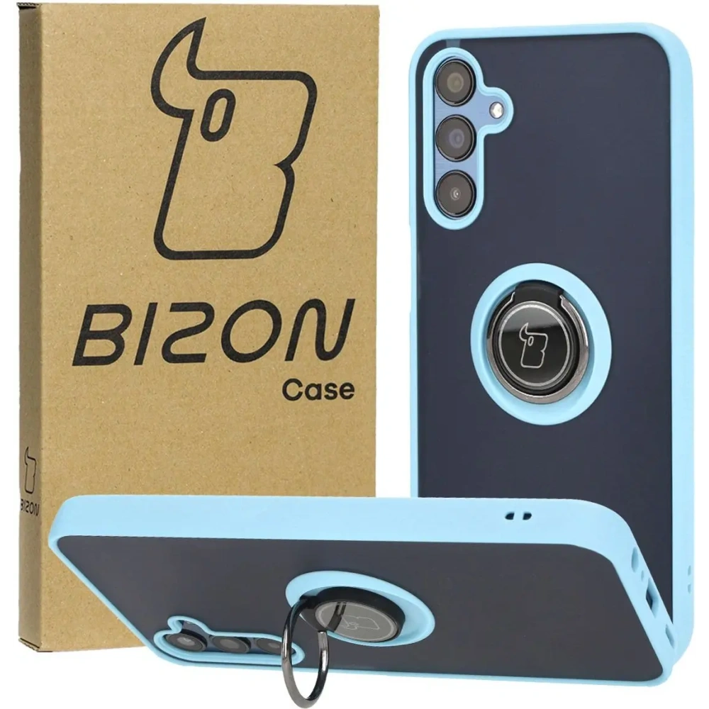 Etui z uchwytem na palec Bizon Case Hybrid Ring do Samsung Galaxy M15 5G przydymione z jasnoniebieską ramką