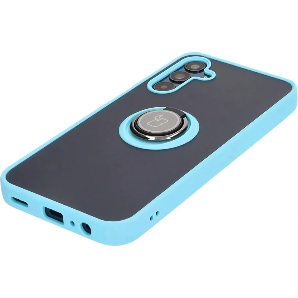Etui z uchwytem na palec Bizon Case Hybrid Ring do Samsung Galaxy M15 5G przydymione z jasnoniebieską ramką