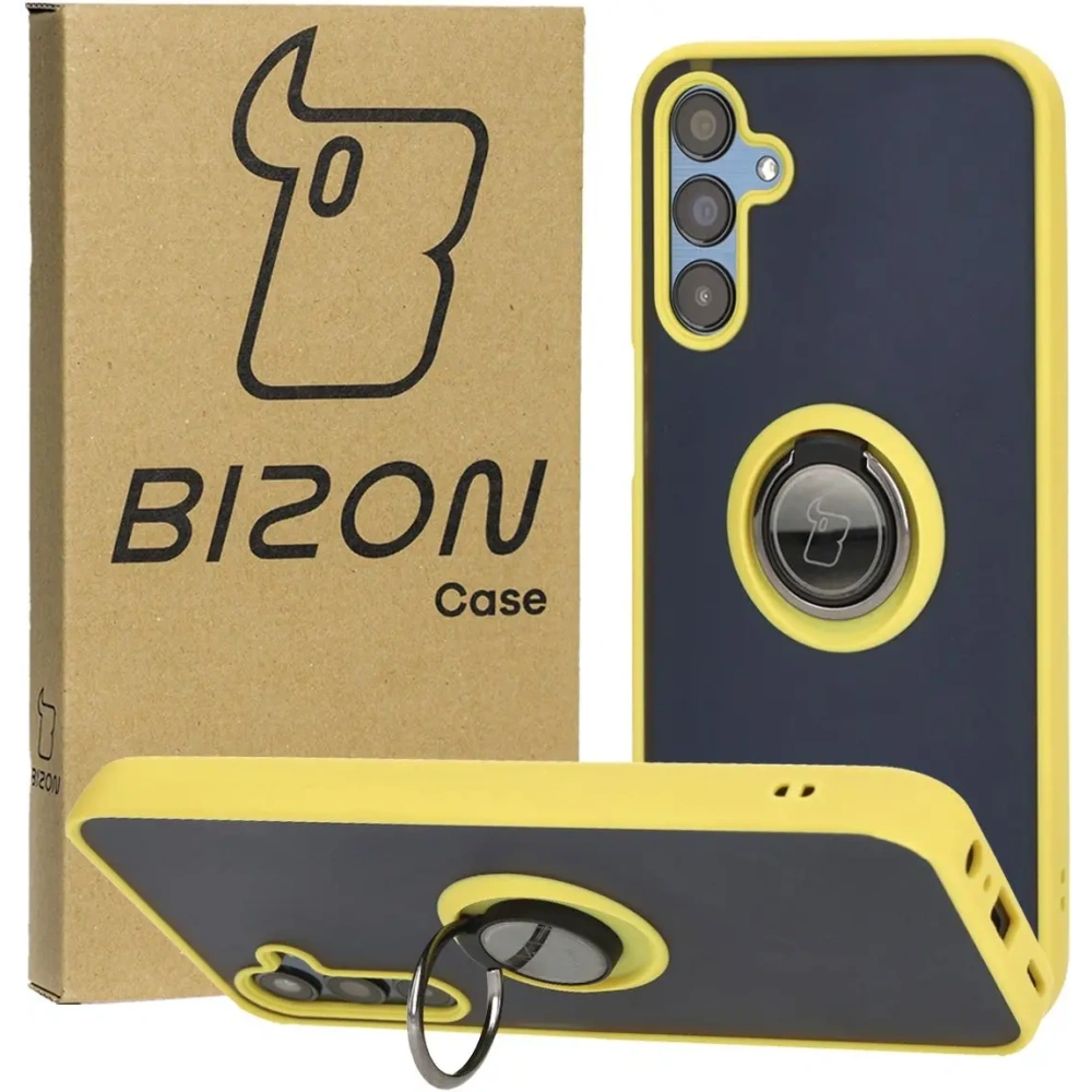 Etui z uchwytem na palec Bizon Case Hybrid Ring do Samsung Galaxy M15 5G przydymione z żółtą ramką