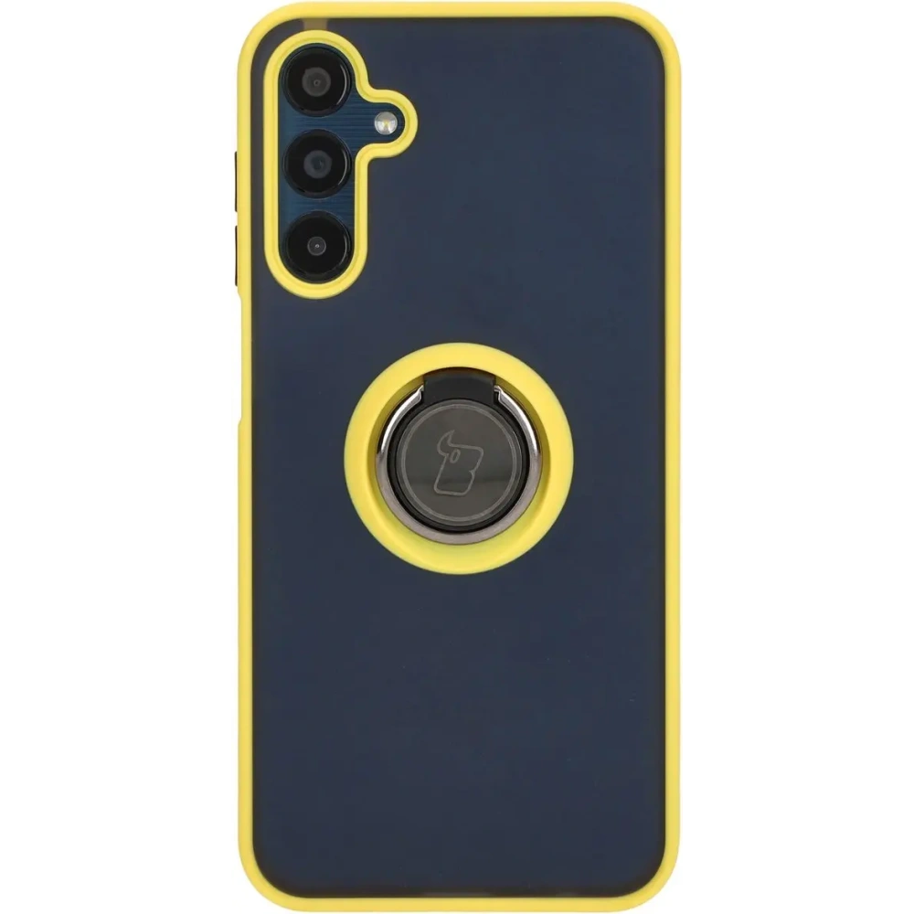 Etui z uchwytem na palec Bizon Case Hybrid Ring do Samsung Galaxy M15 5G przydymione z żółtą ramką