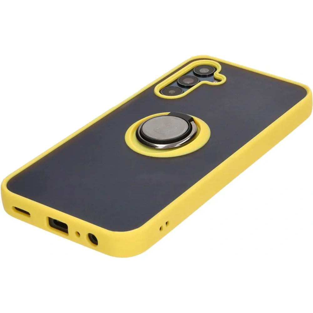 Etui z uchwytem na palec Bizon Case Hybrid Ring do Samsung Galaxy M15 5G przydymione z żółtą ramką