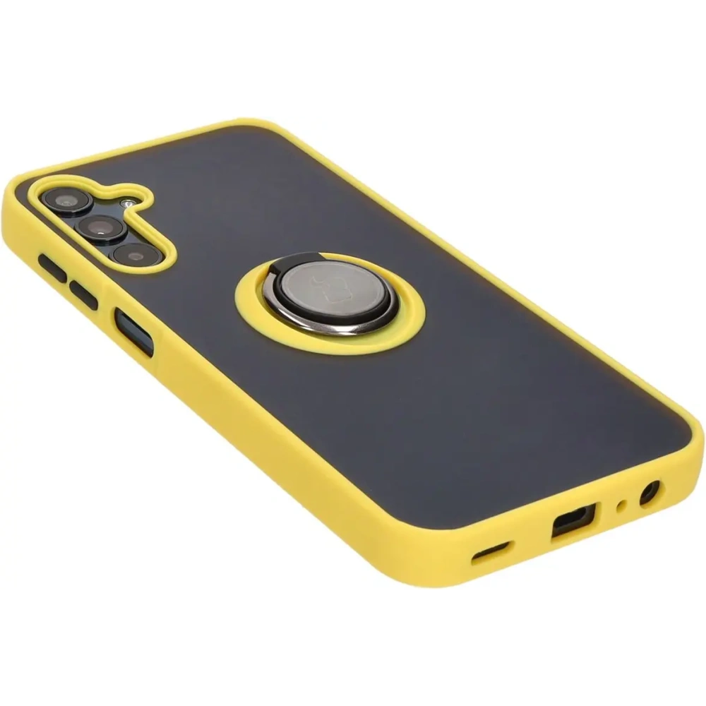 Etui z uchwytem na palec Bizon Case Hybrid Ring do Samsung Galaxy M15 5G przydymione z żółtą ramką