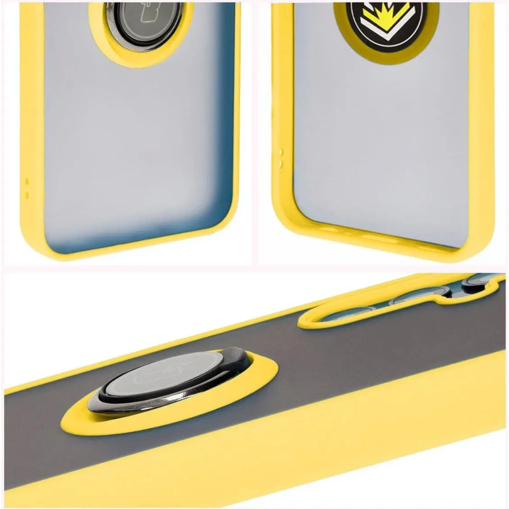 Etui z uchwytem na palec Bizon Case Hybrid Ring do Samsung Galaxy M15 5G przydymione z żółtą ramką