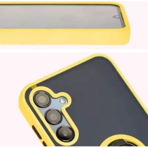 Etui s úchytem na prst Bizon Case Hybrid Ring pro Samsung Galaxy M15 5G kouřové s žlutým rámečkem