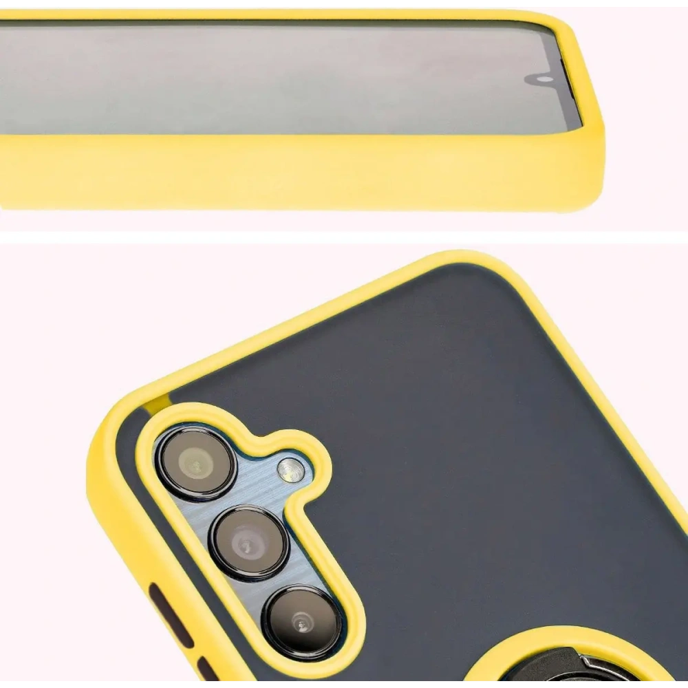 Etui z uchwytem na palec Bizon Case Hybrid Ring do Samsung Galaxy M15 5G przydymione z żółtą ramką