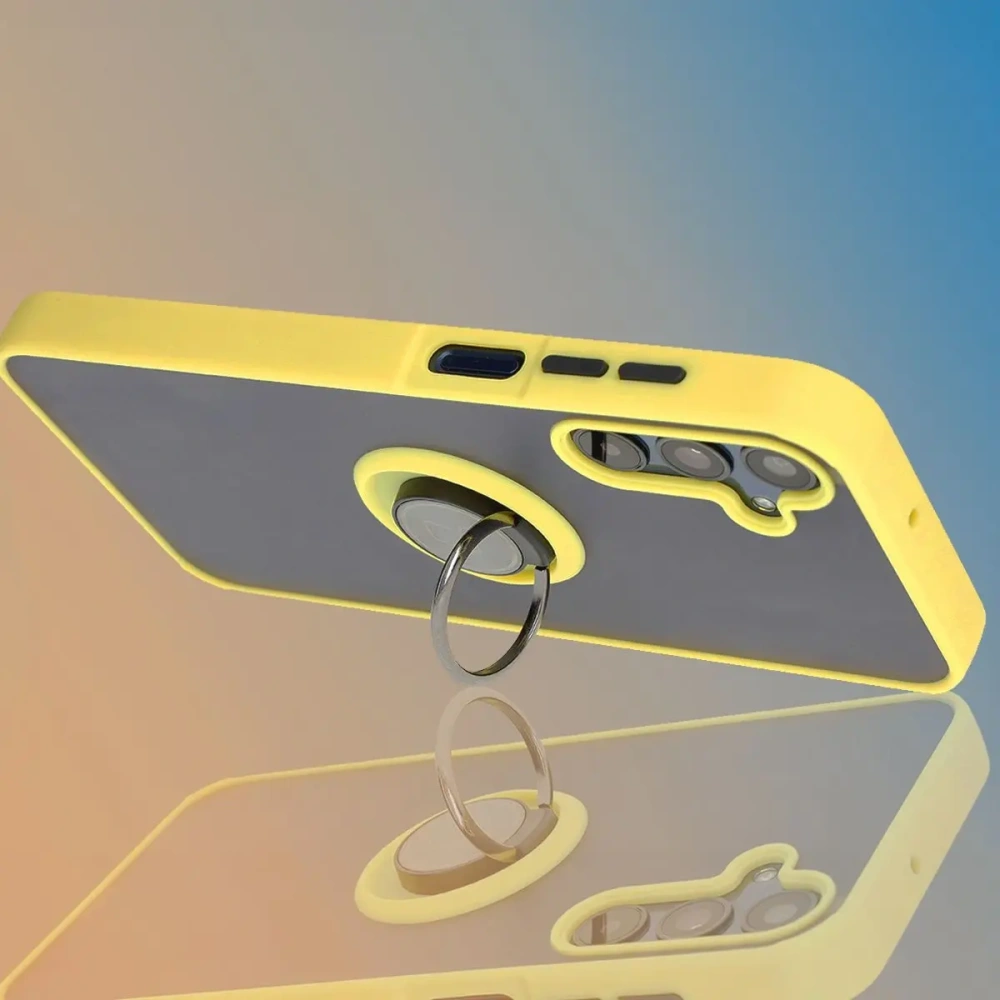 Etui z uchwytem na palec Bizon Case Hybrid Ring do Samsung Galaxy M15 5G przydymione z żółtą ramką