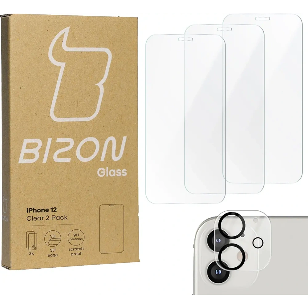 3x Szkło na ekran + szkło na aparat BIZON Clear do Apple iPhone 12