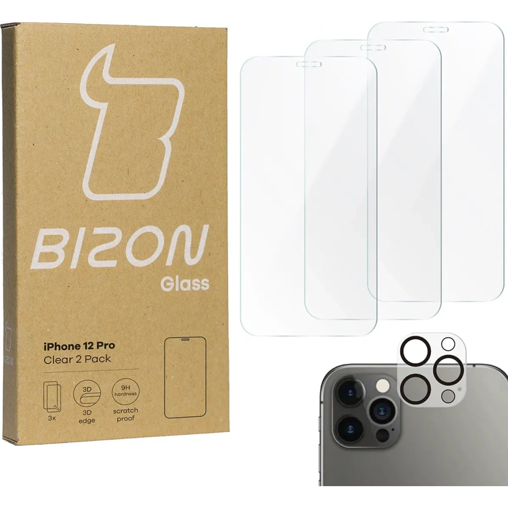 3x Szkło na ekran + szkło na aparat BIZON Clear do Apple iPhone 12 Pro