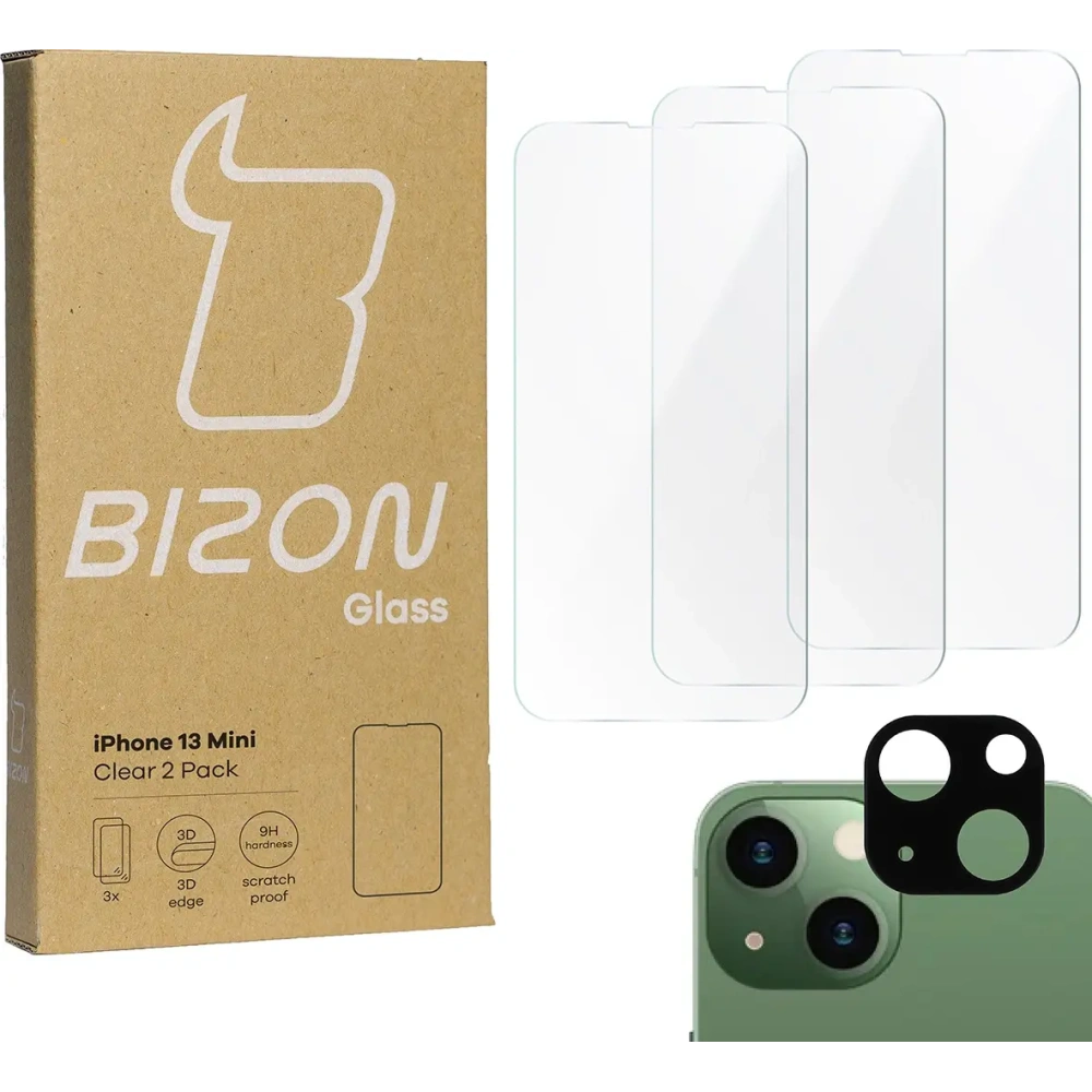 3x Szkło na ekran + szkło na aparat BIZON Clear do Apple iPhone 13 Mini
