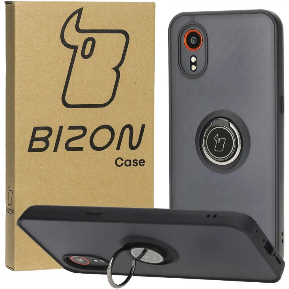 Etui z uchwytem na palec Bizon Case Hybrid Ring do Samsung Galaxy Xcover7 przydymione z czarną ramką