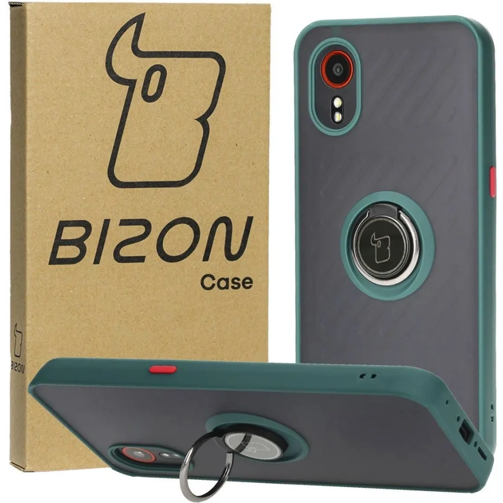 Etui z uchwytem na palec Bizon Case Hybrid Ring do Samsung Galaxy Xcover7 przydymione z ciemnozieloną ramką