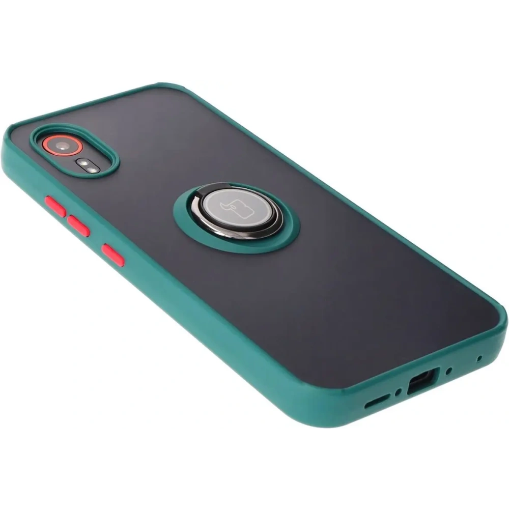 Etui z uchwytem na palec Bizon Case Hybrid Ring do Samsung Galaxy Xcover7 przydymione z ciemnozieloną ramką