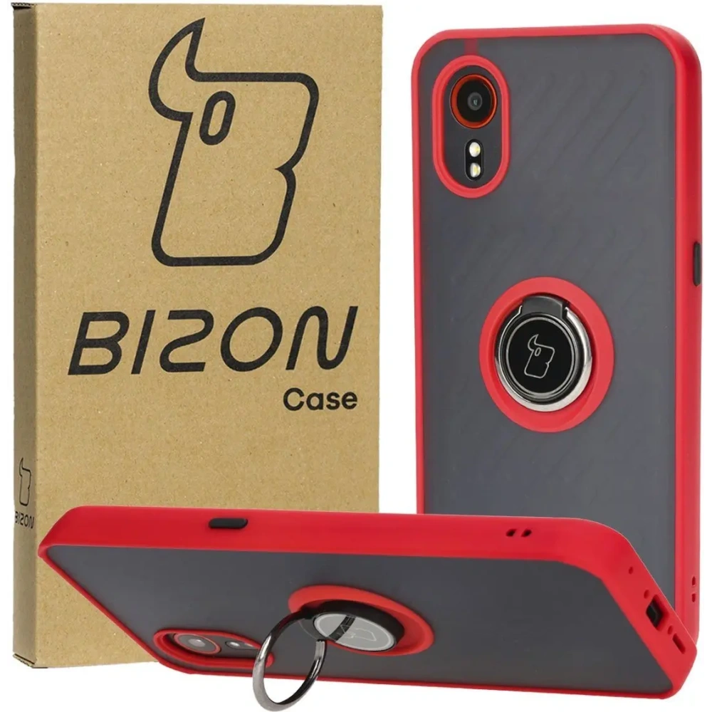 Etui z uchwytem na palec Bizon Case Hybrid Ring do Samsung Galaxy Xcover7 przydymione z czerwoną ramką