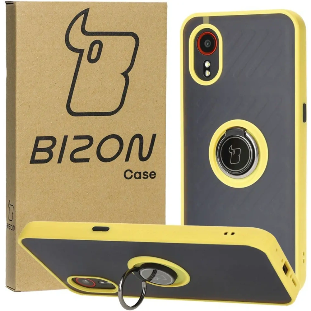 Etui z uchwytem na palec Bizon Case Hybrid Ring do Samsung Galaxy Xcover7 przydymione z żółtą ramką