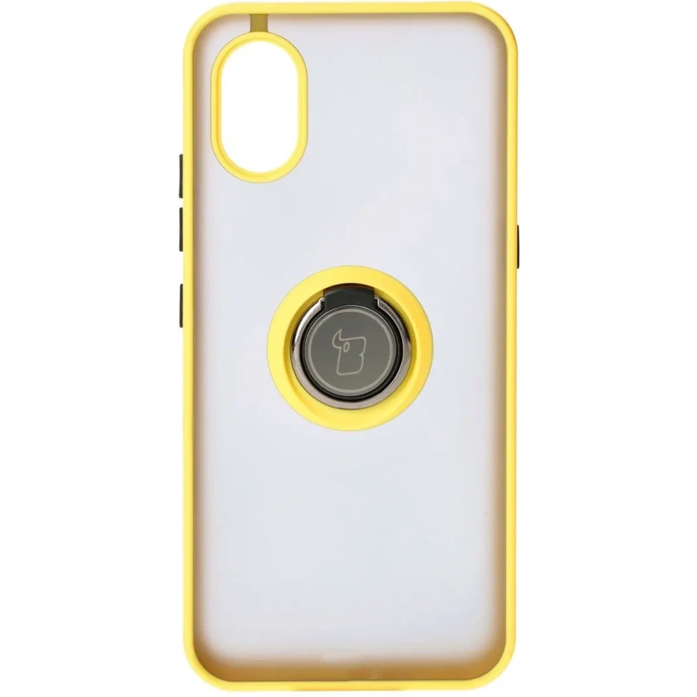 Etui z uchwytem na palec Bizon Case Hybrid Ring do Samsung Galaxy Xcover7 przydymione z żółtą ramką