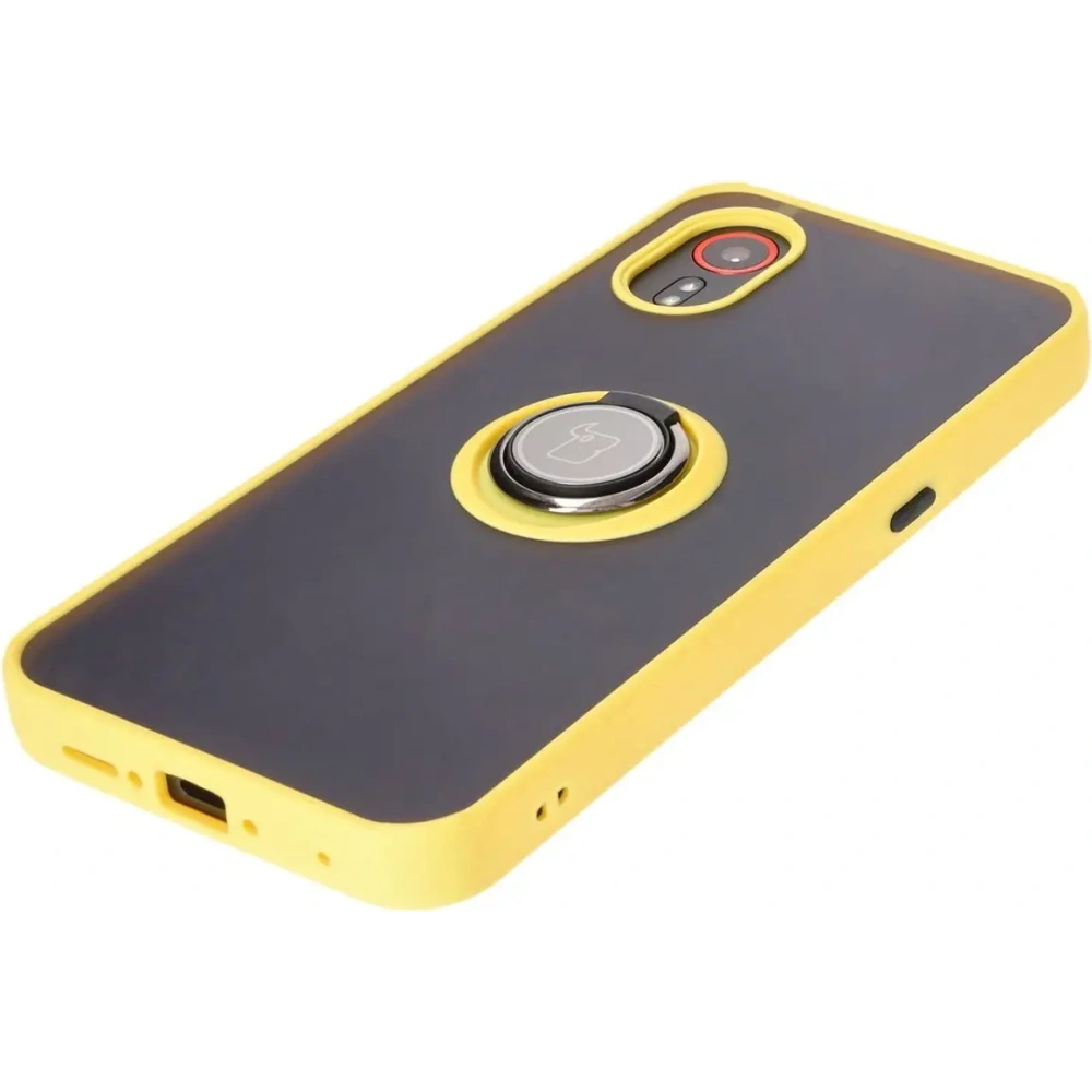 Etui z uchwytem na palec Bizon Case Hybrid Ring do Samsung Galaxy Xcover7 przydymione z żółtą ramką