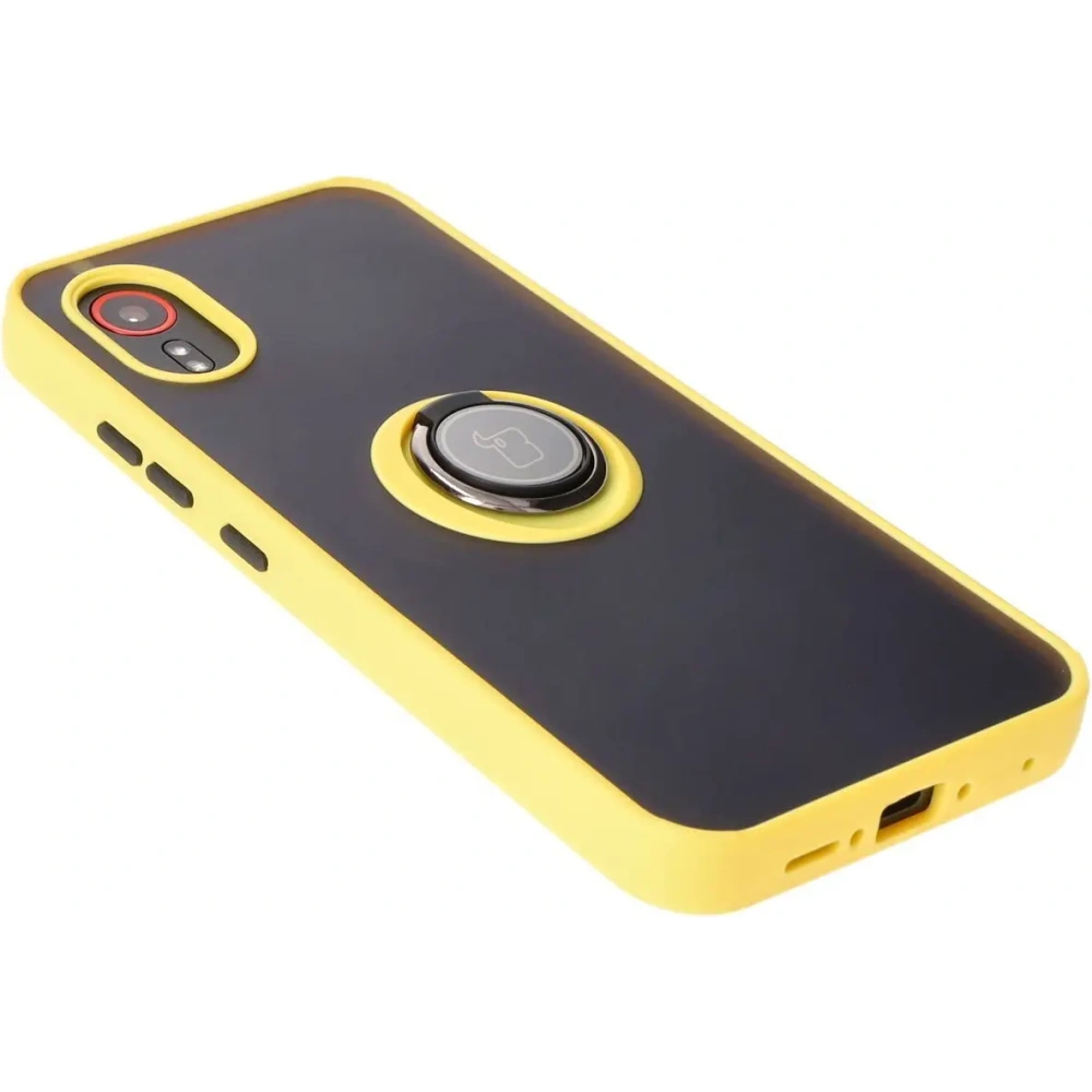 Etui z uchwytem na palec Bizon Case Hybrid Ring do Samsung Galaxy Xcover7 przydymione z żółtą ramką