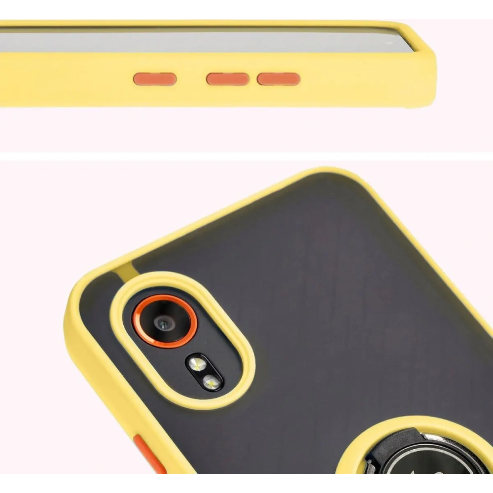 Etui z uchwytem na palec Bizon Case Hybrid Ring do Samsung Galaxy Xcover7 przydymione z żółtą ramką