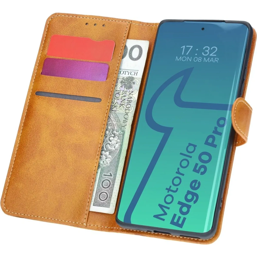 Etui z klapką Bizon Case Pocket do Motorola Edge 50 Pro brązowe