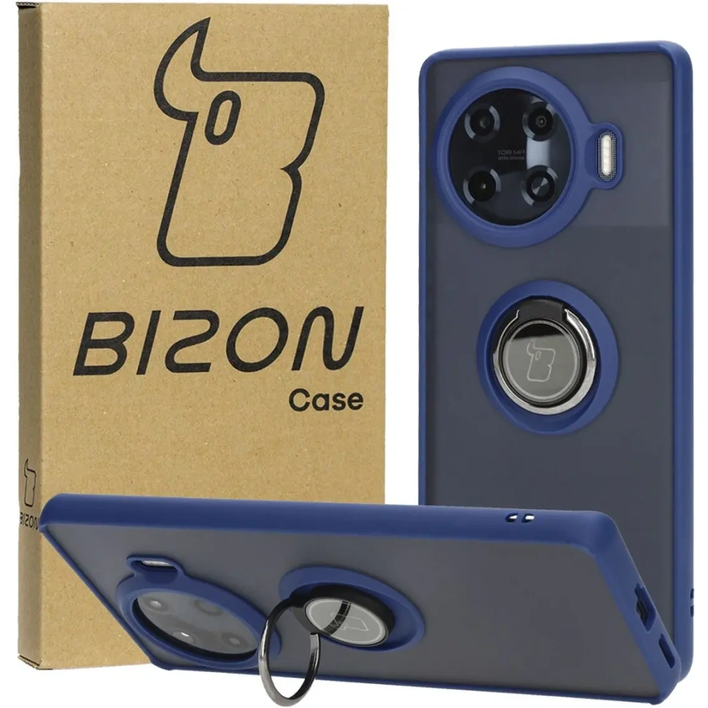 Etui z uchwytem na palec Bizon Case Hybrid Ring do Tecno Spark 20 Pro+ przydymione z granatową ramką