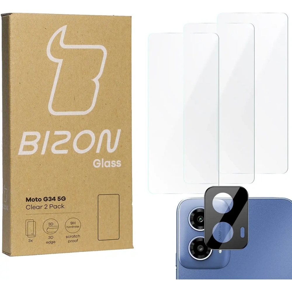 3x Szkło na ekran + szkło na aparat BIZON Clear do Motorola Moto G34 5G