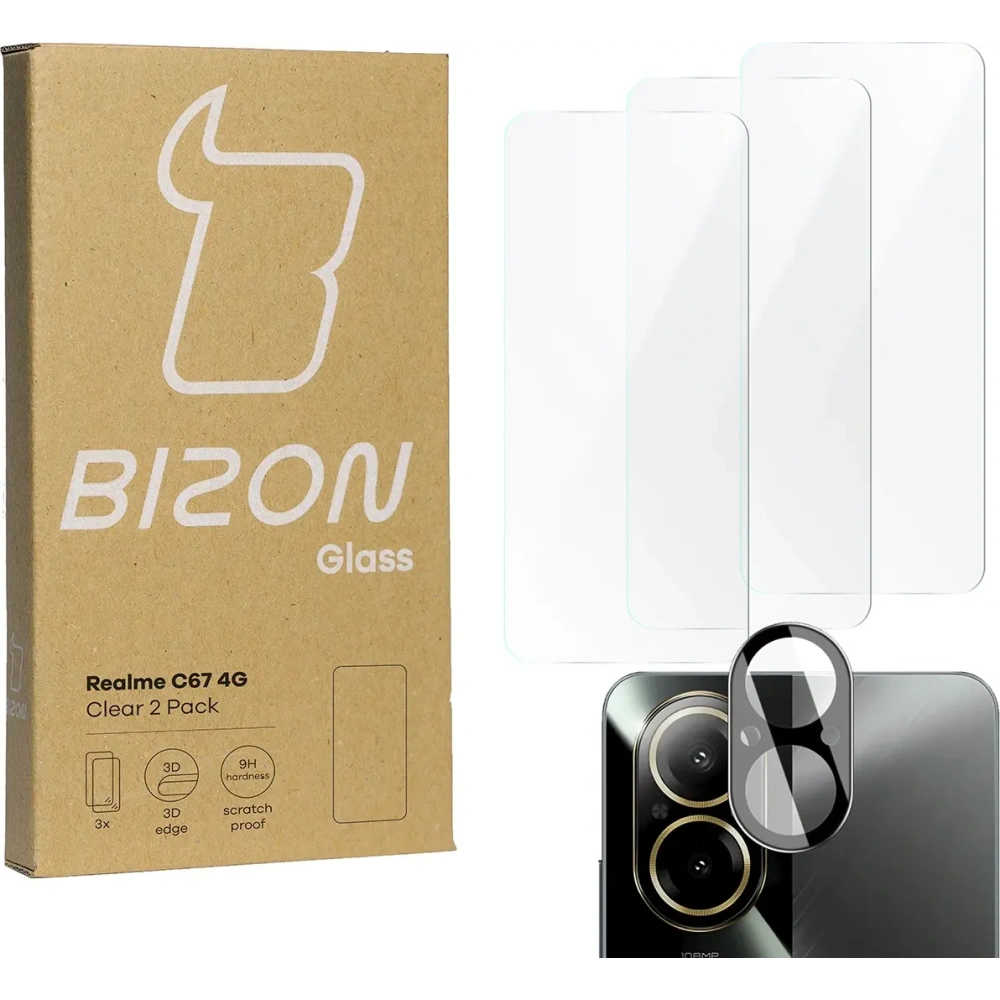3x Szkło na ekran + szkło na aparat BIZON Clear do Realme C67 4G