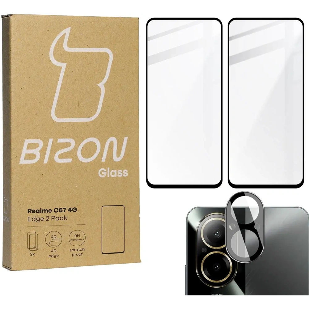 2x Szkło na ekran + szkło na aparat BIZON Edge do Realme C67 4G