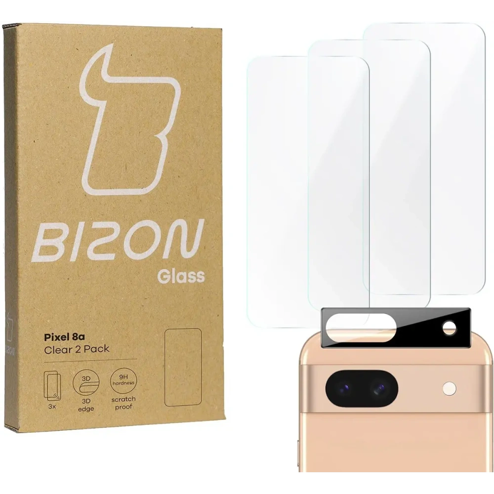 3x Szkło na ekran + szkło na aparat BIZON Clear do Google Pixel 8a