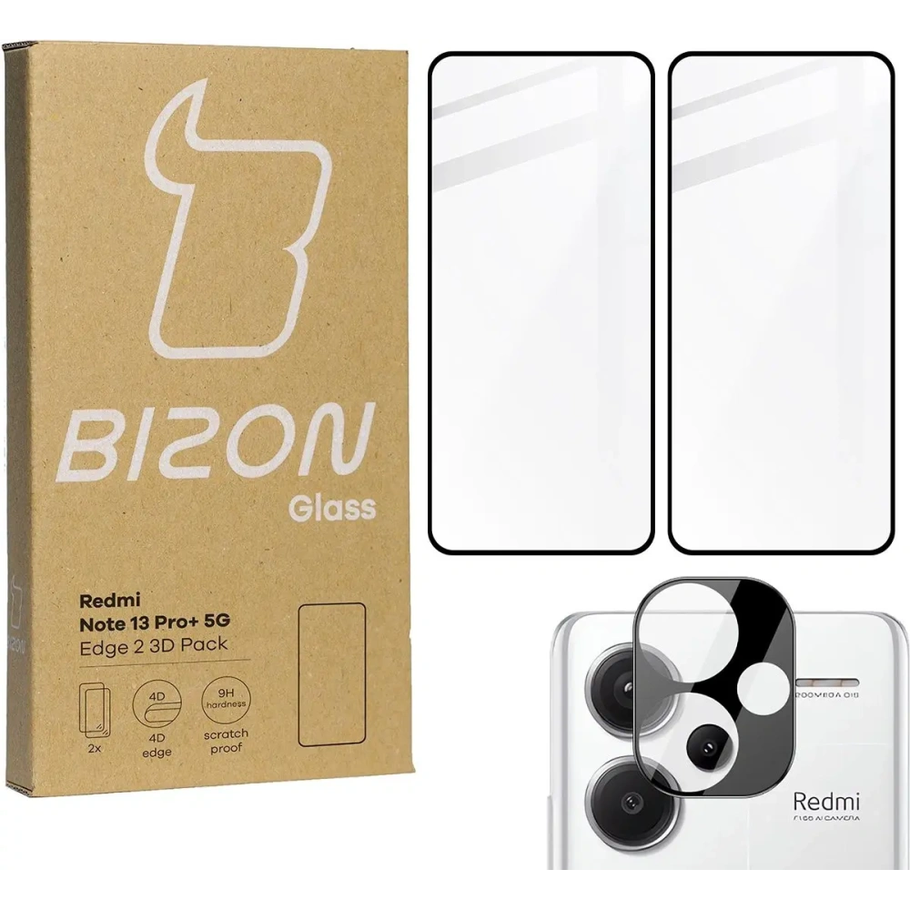 Szkło hartowane Bizon Glass Edge 2 3D Pack - [2 PACK] + ochrona na obiektyw Xiaomi Redmi Note 13 Pro+ 5G czarne