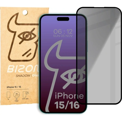 Kup Prywatyzujące szkło hartowane Bizon Glass Edge Shadow do Apple iPhone 16/15 przyciemniane z czarną ramką - BIZ5200 - {ean13} - Sklep Home Screen