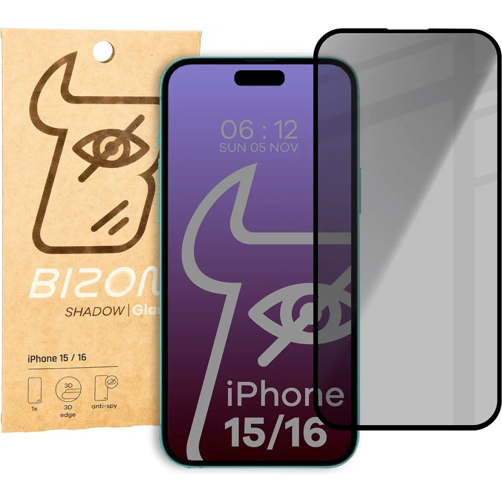 Prywatyzujące szkło hartowane Bizon Glass Edge Shadow do Apple iPhone 16/15 przyciemniane z czarną ramką