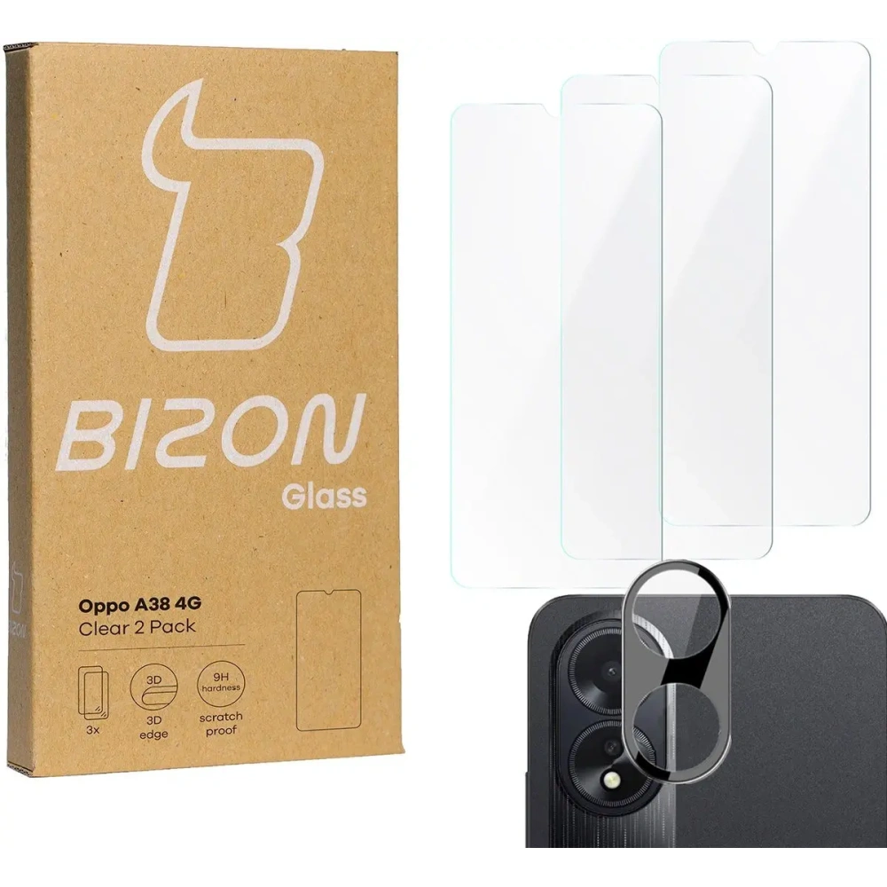 3x Szkło na ekran + szkło na aparat BIZON Clear do Oppo A38 4G