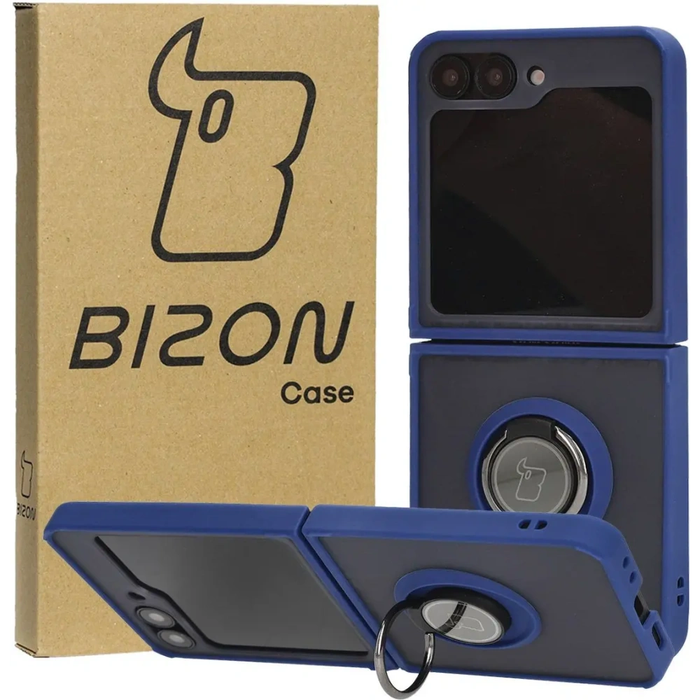 Etui z uchwytem na palec Bizon Case Hybrid Ring do Samsung Galaxy Z Flip6 / 7 FE przydymione z granatową ramką