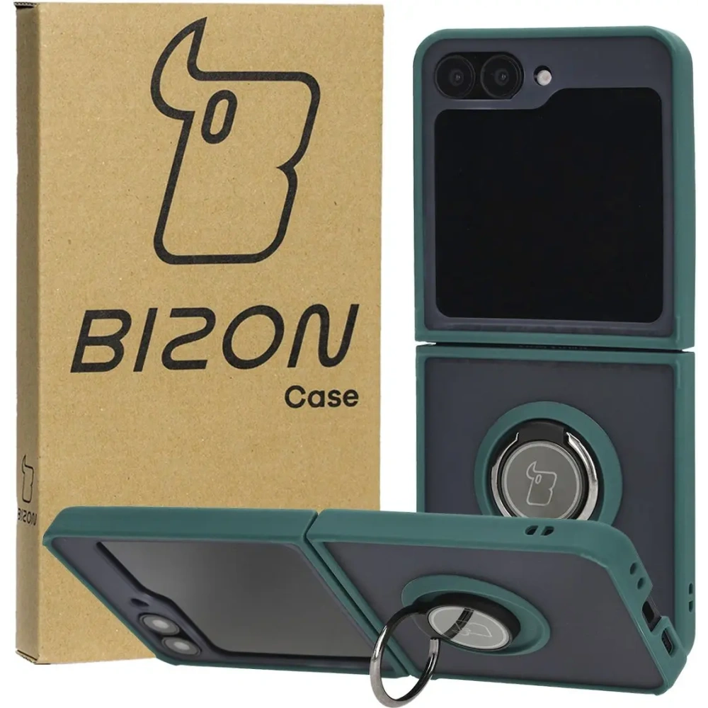 Etui z uchwytem na palec Bizon Case Hybrid Ring do Samsung Galaxy Z Flip6 / 7 FE przydymione z ciemnozieloną ramką