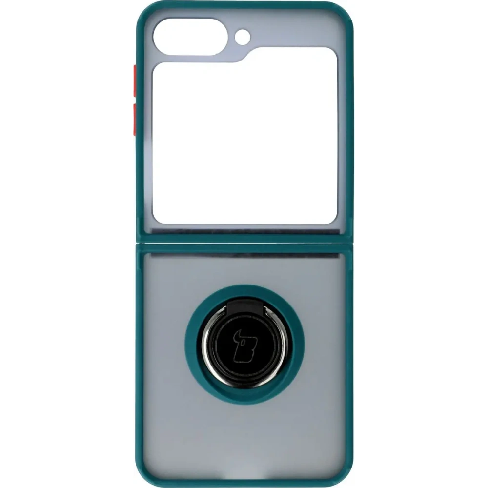 Etui z uchwytem na palec Bizon Case Hybrid Ring do Samsung Galaxy Z Flip6 / 7 FE przydymione z ciemnozieloną ramką