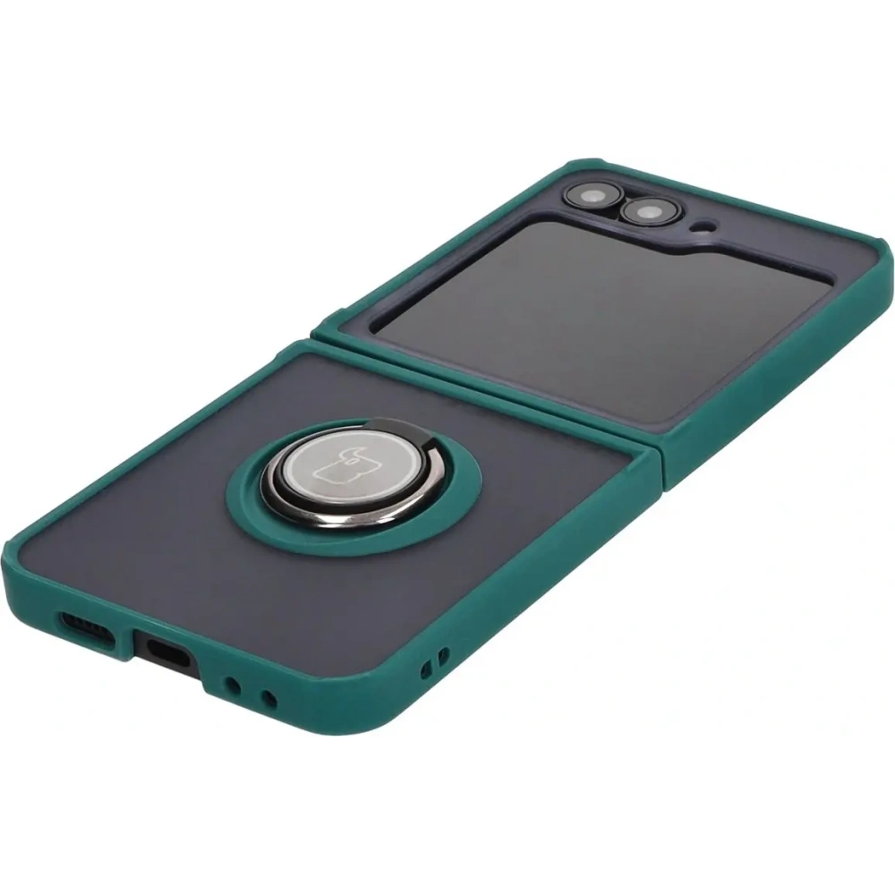 Etui z uchwytem na palec Bizon Case Hybrid Ring do Samsung Galaxy Z Flip6 / 7 FE przydymione z ciemnozieloną ramką