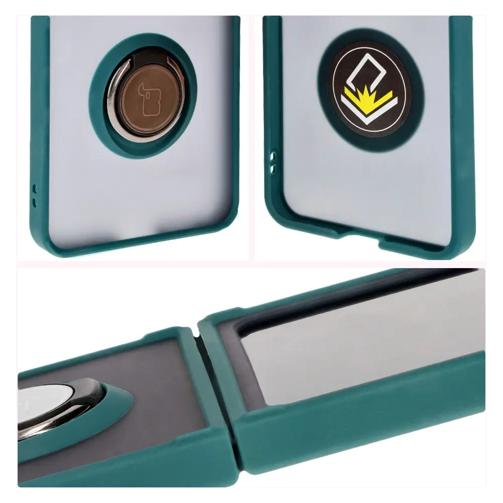 Etui z uchwytem na palec Bizon Case Hybrid Ring do Samsung Galaxy Z Flip6 / 7 FE przydymione z ciemnozieloną ramką