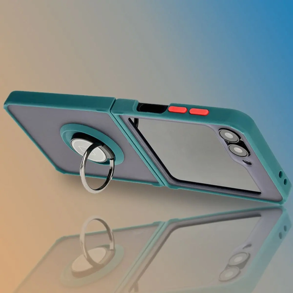 Etui z uchwytem na palec Bizon Case Hybrid Ring do Samsung Galaxy Z Flip6 / 7 FE przydymione z ciemnozieloną ramką