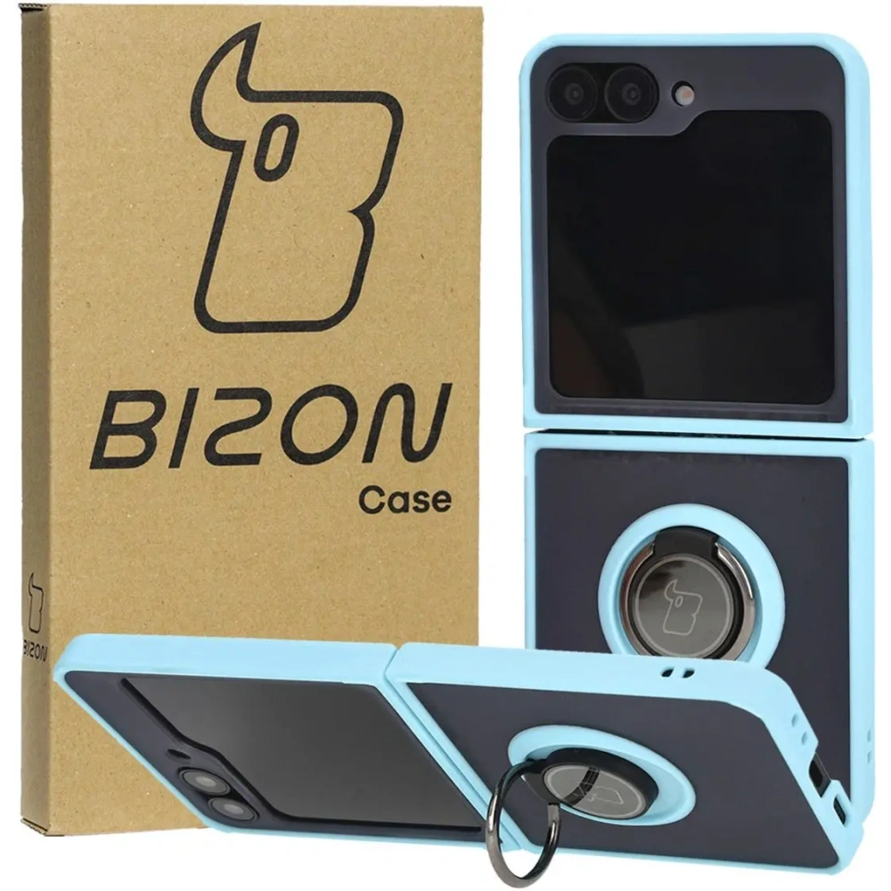 Etui z uchwytem na palec Bizon Case Hybrid Ring do Samsung Galaxy Z Flip6 / 7 FE przydymione z jasnoniebieską ramką