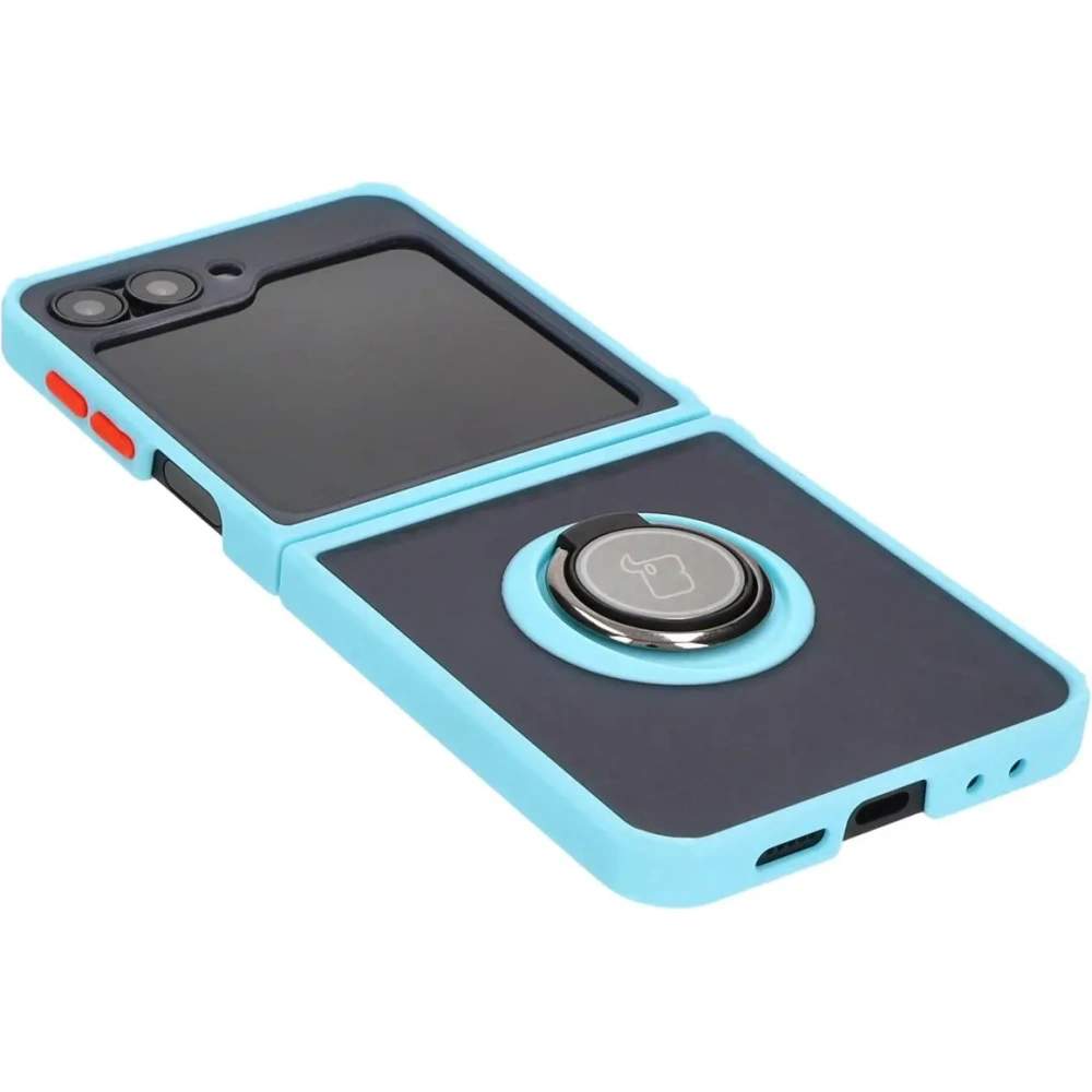 Etui z uchwytem na palec Bizon Case Hybrid Ring do Samsung Galaxy Z Flip6 / 7 FE przydymione z jasnoniebieską ramką