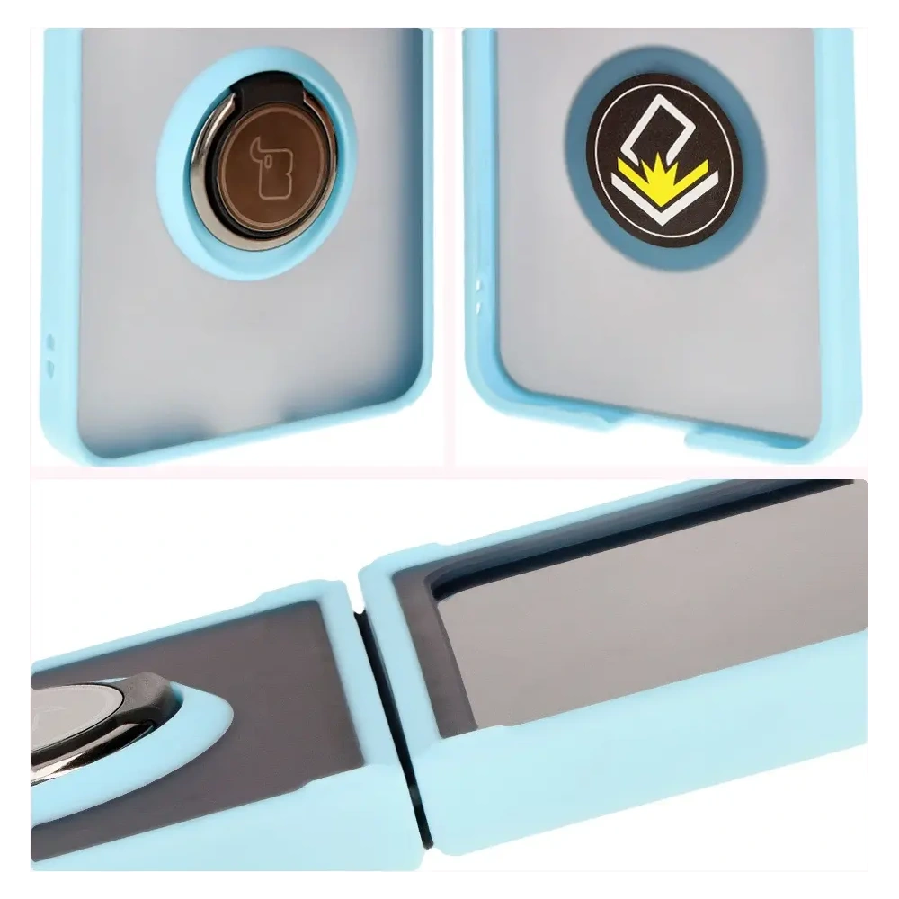 Etui z uchwytem na palec Bizon Case Hybrid Ring do Samsung Galaxy Z Flip6 / 7 FE przydymione z jasnoniebieską ramką