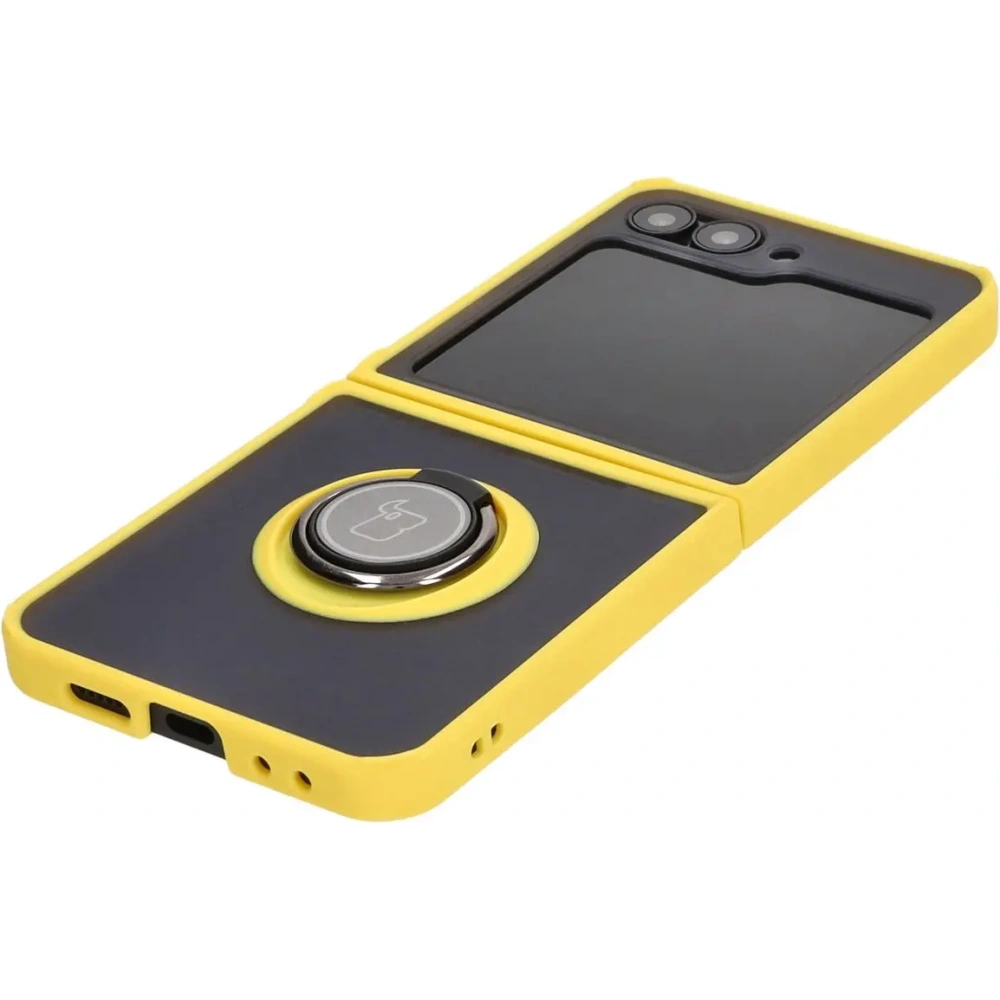 Etui z uchwytem na palec Bizon Case Hybrid Ring do Samsung Galaxy Z Flip6 / 7 FE przydymione z żółtą ramką