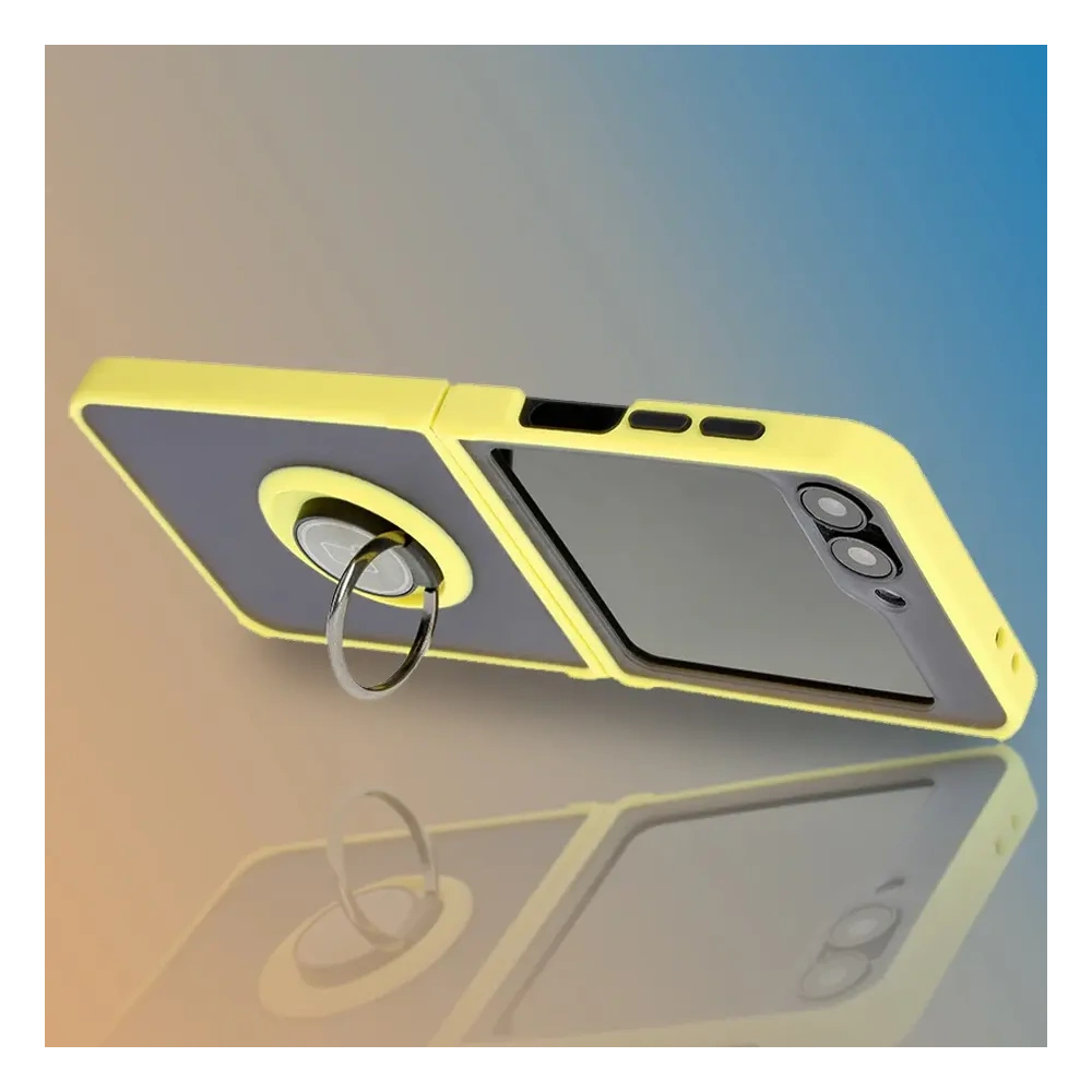 Etui z uchwytem na palec Bizon Case Hybrid Ring do Samsung Galaxy Z Flip6 / 7 FE przydymione z żółtą ramką