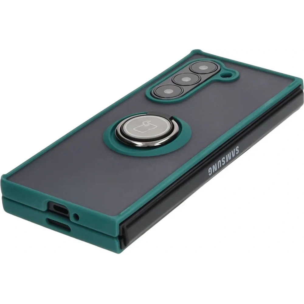 Etui z uchwytem na palec Bizon Case Hybrid Ring do Samsung Galaxy Z Fold6 przydymione z ciemnozieloną ramką