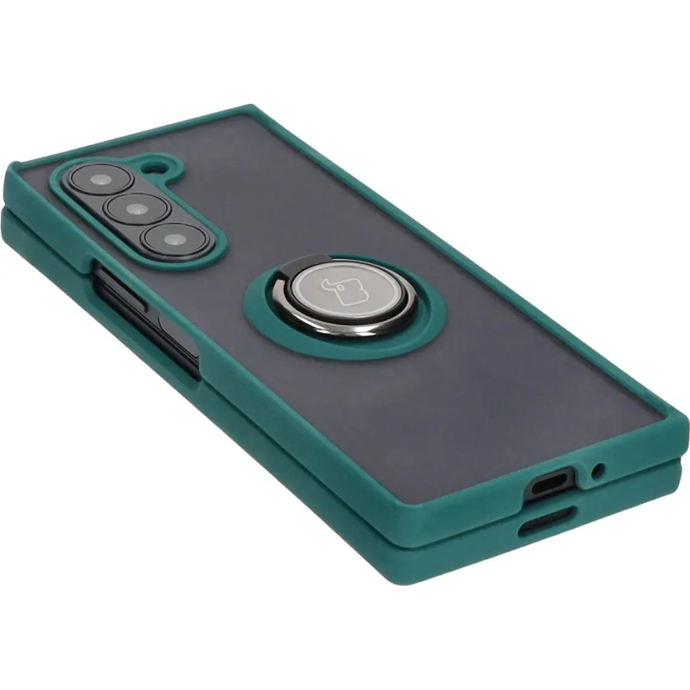 Etui z uchwytem na palec Bizon Case Hybrid Ring do Samsung Galaxy Z Fold6 przydymione z ciemnozieloną ramką